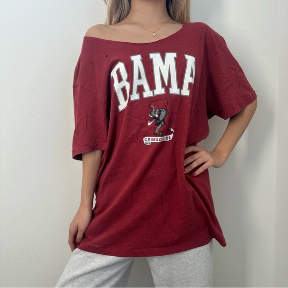 Bama Alabama Crimson Tide Destroyed off the shoulder T-Shirt - Picture 5 of 13
